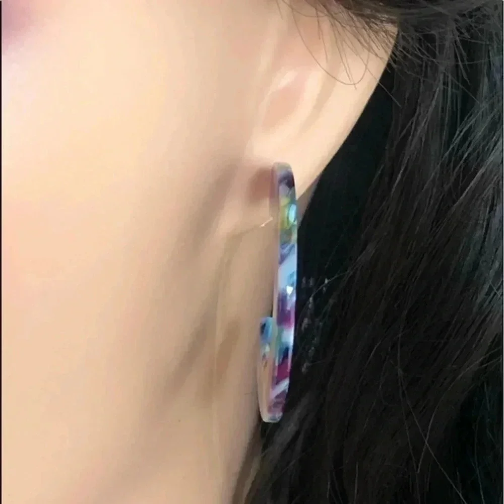 Purple Green Gold & Cream Semi Hoop Acrylic Stainless Steel Earrings NWT